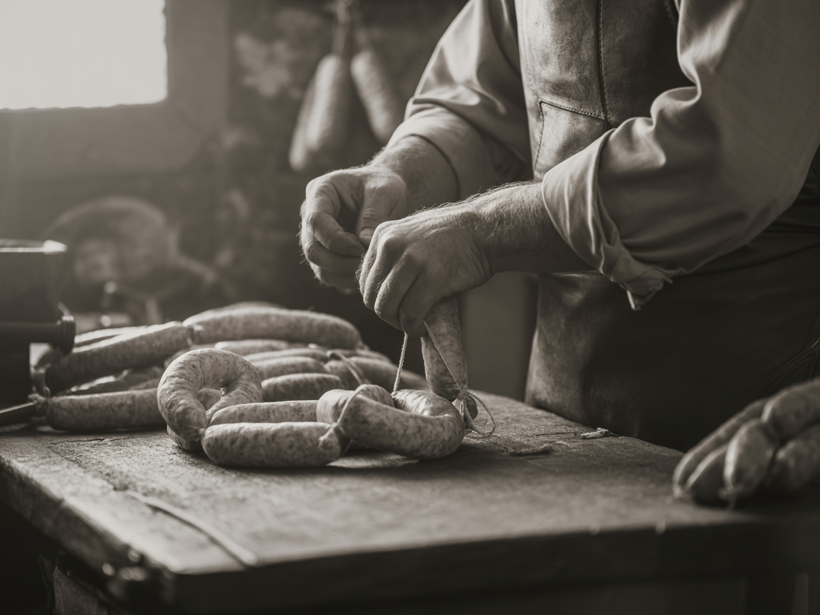 Traditional Portuguese artisan butchery — skilled hands preparing sausage in a heritage workshop